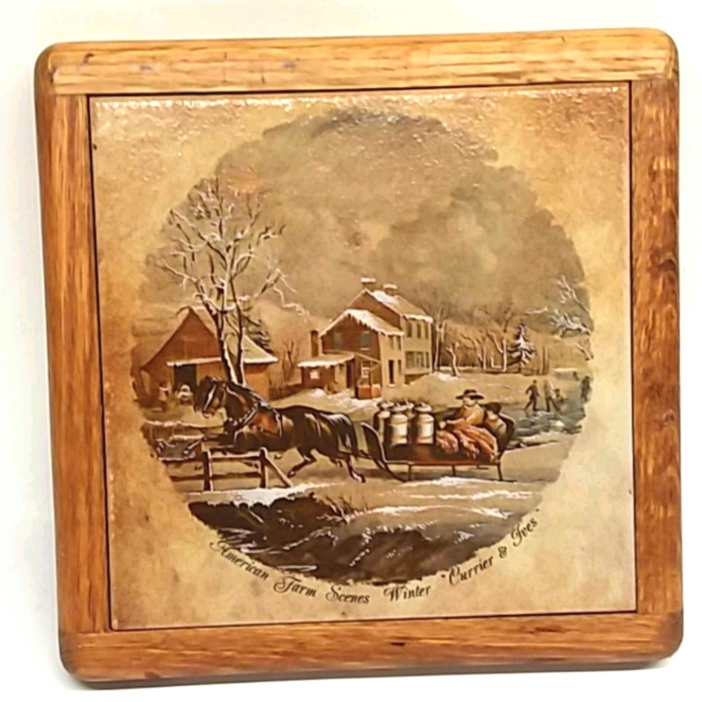 Vtg Currier & Ives American Farm Scenes trivet WINTER